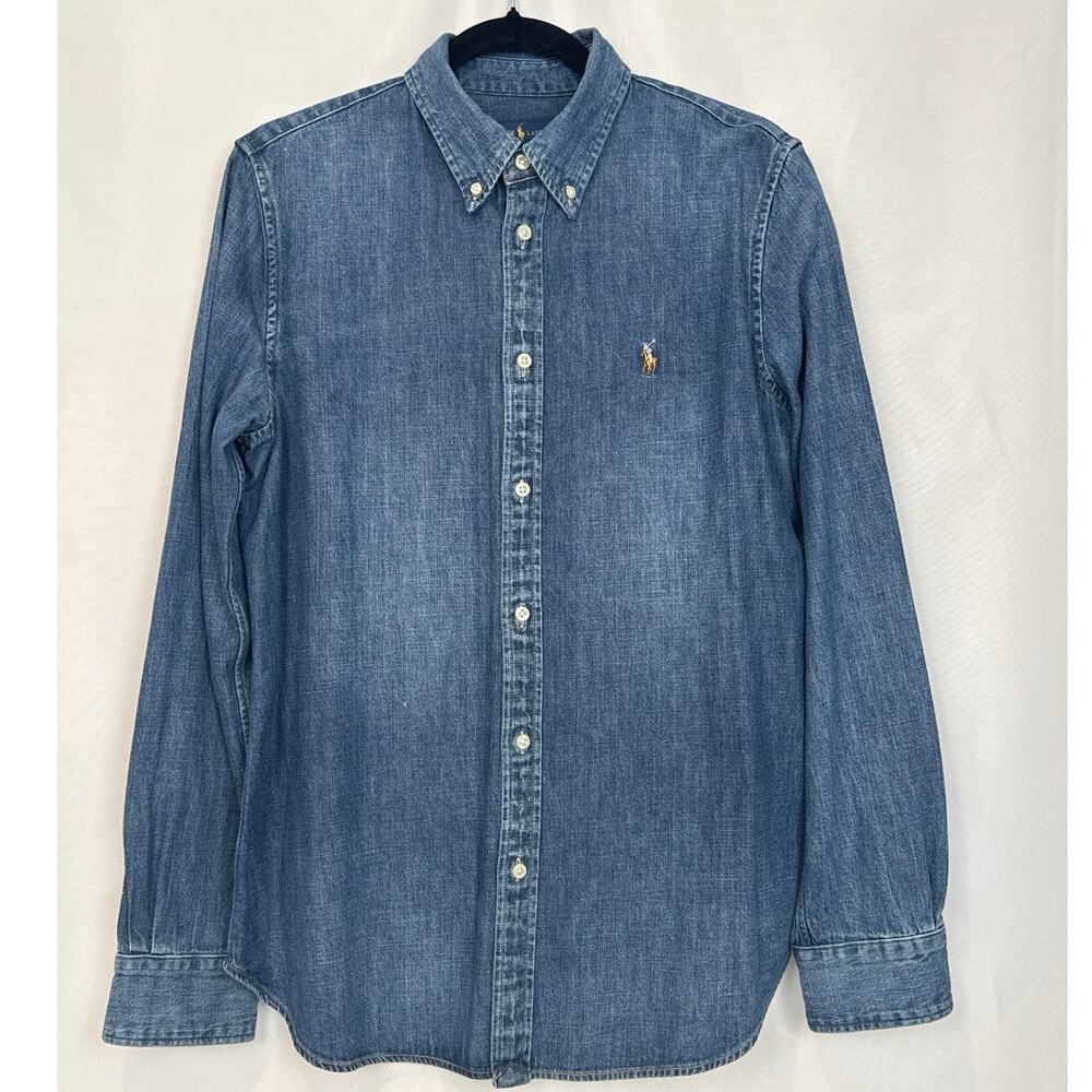 Ralph Lauren Mens Custom Fit Denim Button Down Shirt Size Large Blue Preppy